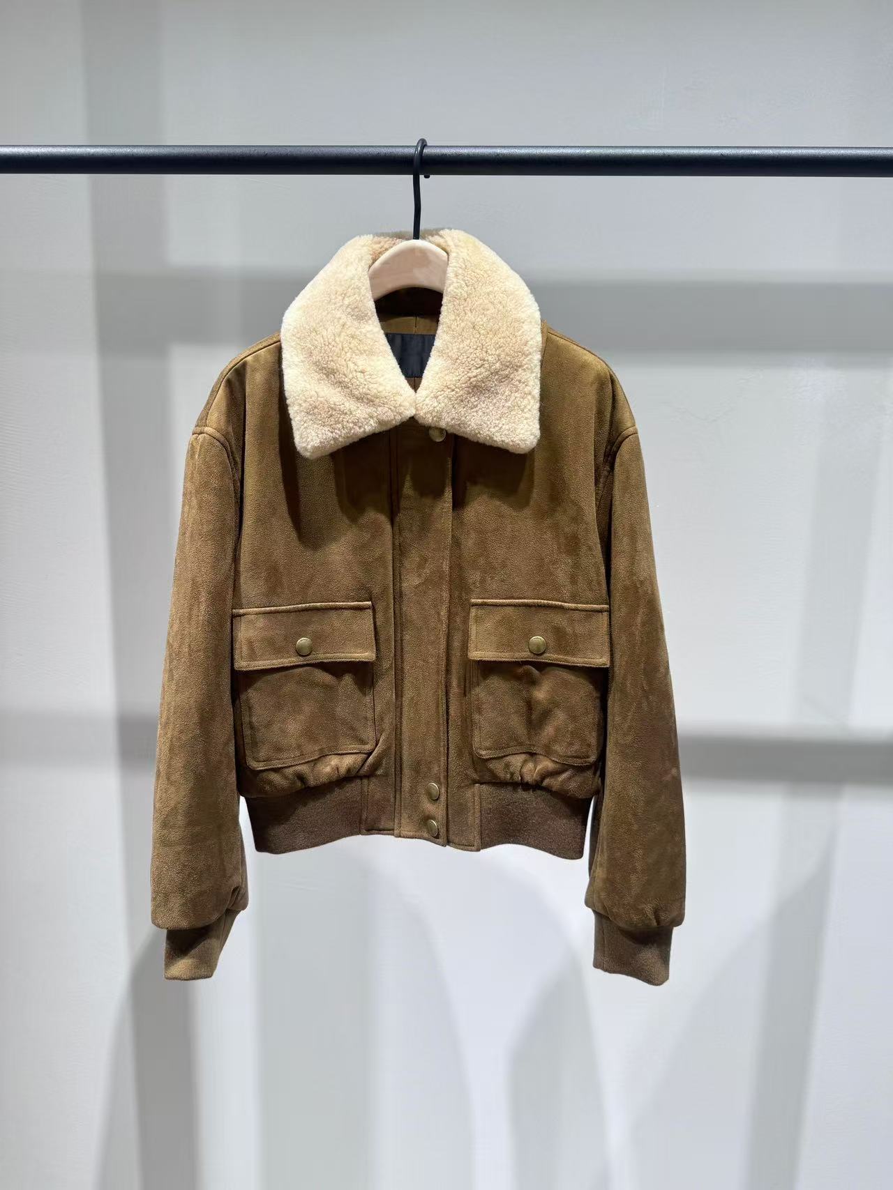 正品裥棉外套2025冬新品可拆毛领翻毛素皮哈灵顿夹克MBE4COT058