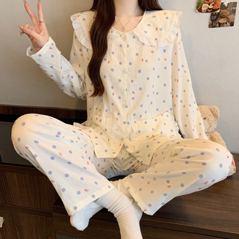 韩系简约风云朵棉长袖睡衣女春秋季新款可爱娃娃领套装家居服批发