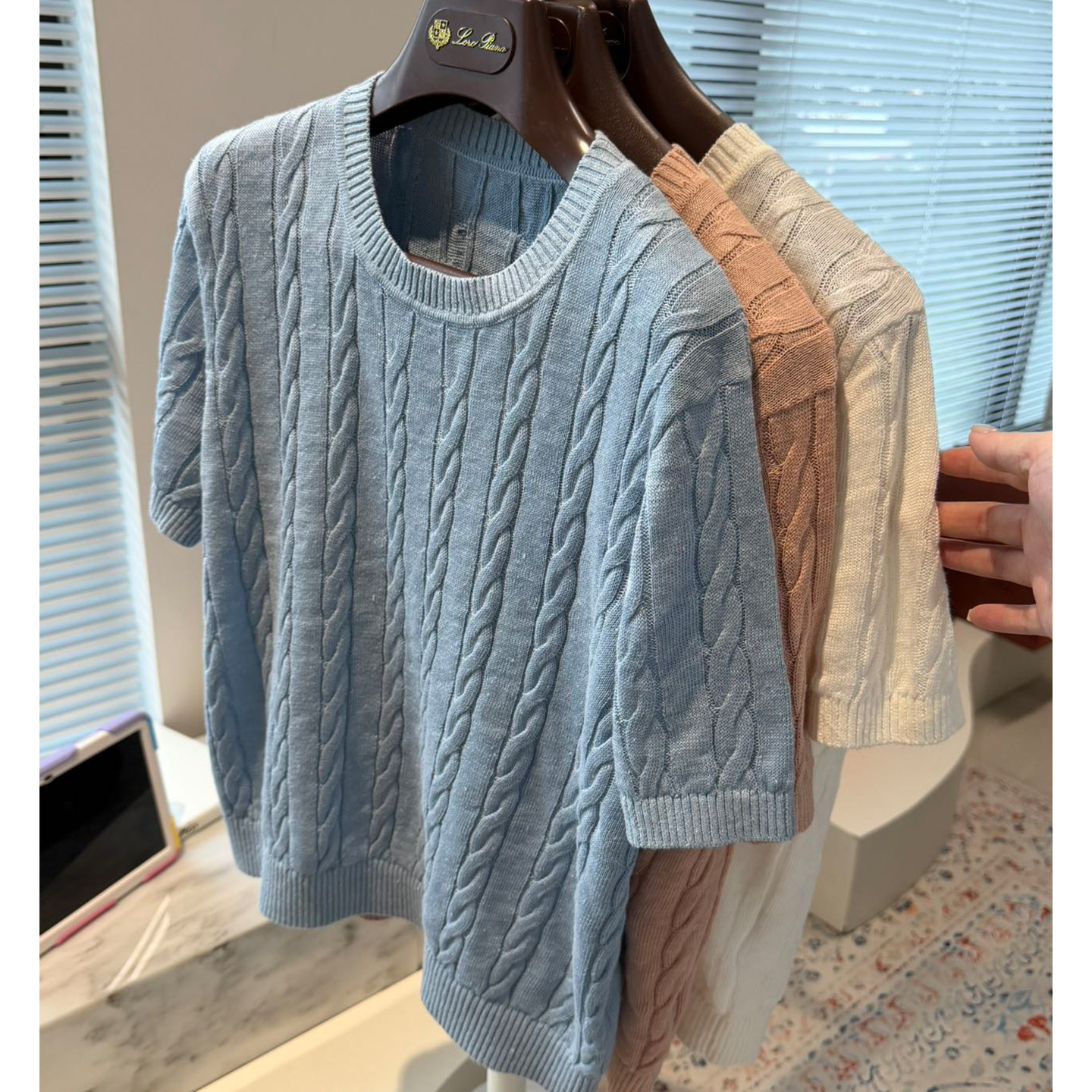 欧洲进口100%亚麻~经典绞花短袖针织衫女士复古麻花套头圆领上衣