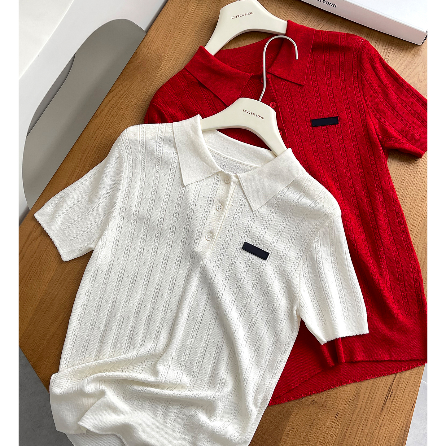 王心凌同款 山羊绒真丝混纺 miu字母徽标针织翻领polo短袖上衣女