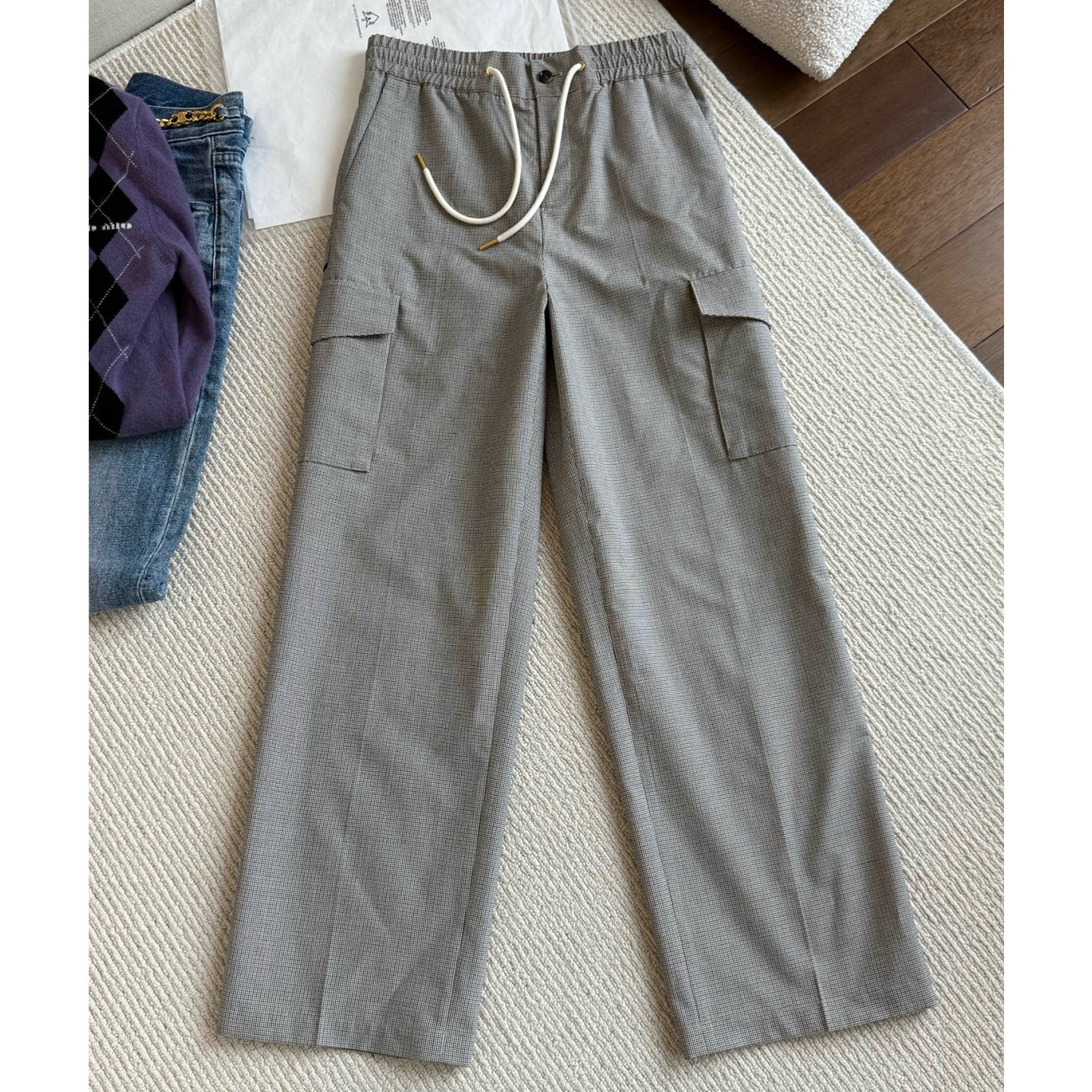 闭眼冲 大簰同源~CE千鸟格工装抽绳松紧腰长裤女士羊毛直筒休闲裤 - 字母哥上新出品