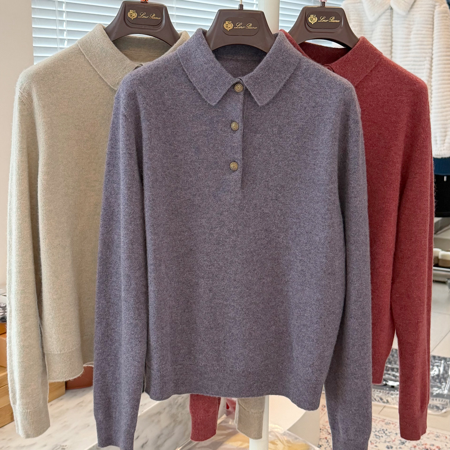 LPCl@ssic羊绒花纱针织Polo衫女