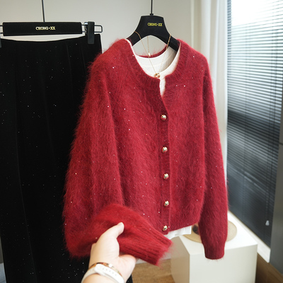 虫小小兔毛珠片开衫女毛衣