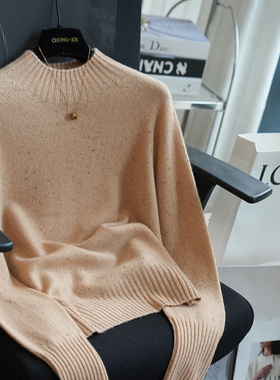 虫小小 无缝一体100羊毛点纱半高领宽松针织衫女毛衣内搭秋冬A68H