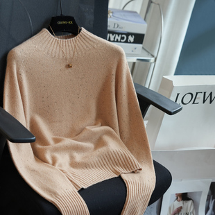 虫小小 无缝一体100羊毛点纱半高领宽松针织衫女毛衣内搭秋冬A68H