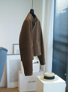 虫小小 时髦帅气立领复古麂皮绒挺括短款夹克拉链外套女秋季A49P