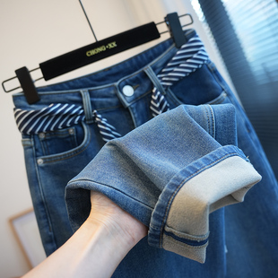 女加绒长裤 牛仔裤 秋冬A76K 休闲高腰显瘦宽松直筒窄版 赠丝巾飘带