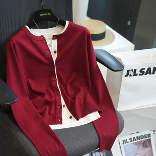 A51B 女毛衣外套秋季 虫小小2025绵羊毛混纺圆领假两件长袖 针织开衫