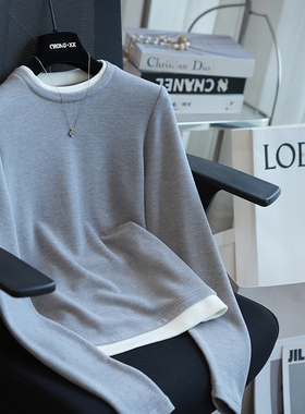 虫小小 假两件圆领长袖T恤打底绒衫女保暖内搭上衣秋冬新款A93E