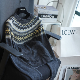 虫小小 复古费尔岛提花绵羊毛圆领长袖针织衫女毛衣内搭秋冬A90K