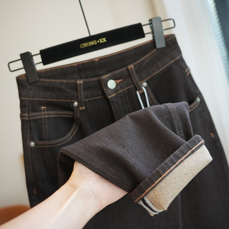 虫小小四面弹高腰加绒直筒牛仔裤