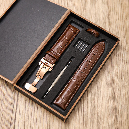 真皮手表带男女针扣蝴蝶扣纯牛皮表链防水透气代用天梭天王DW浪琴