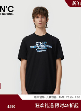 CNC男装25春夏新款黑色印花圆领短袖T恤男士宽松