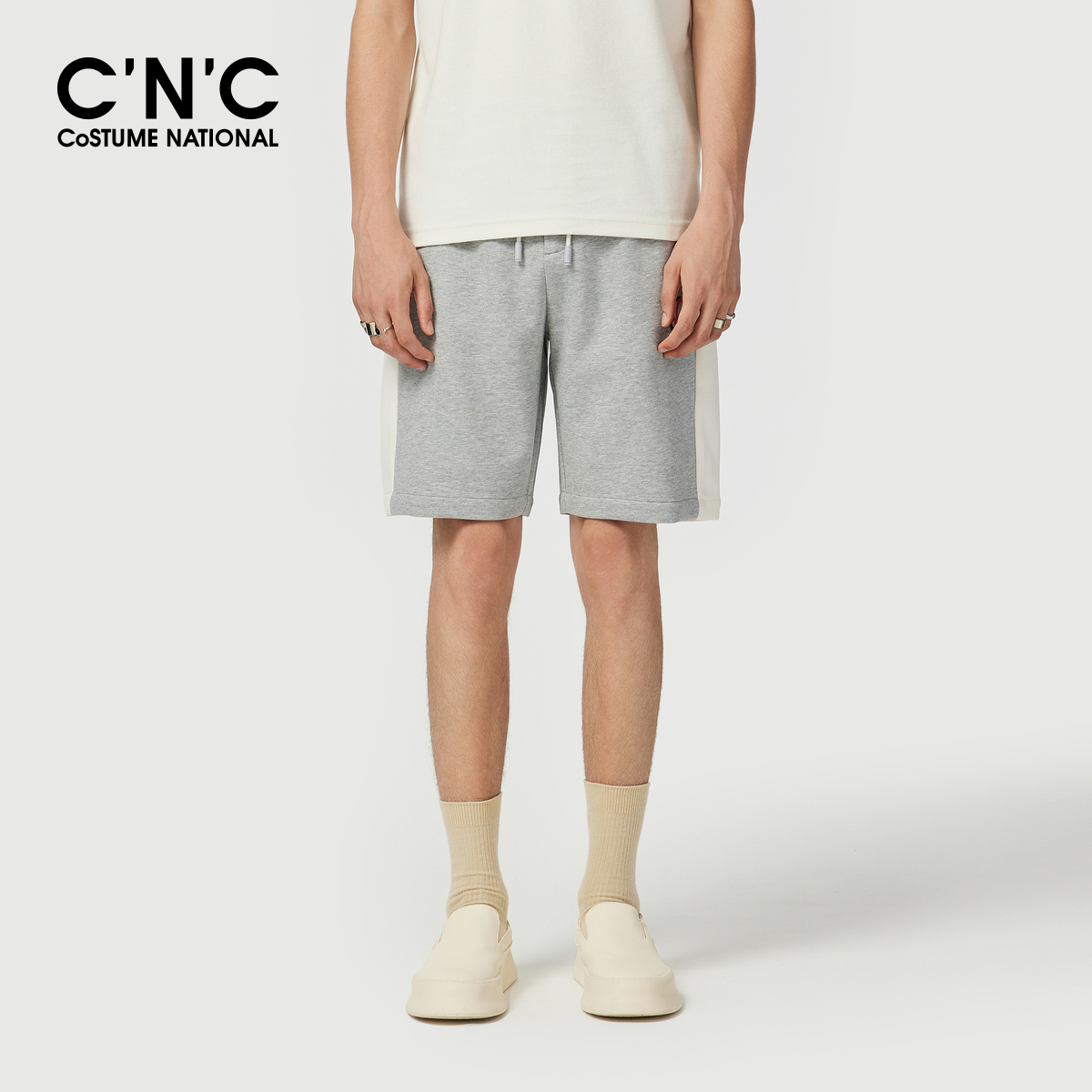 CNC男装25夏季新款灰色五分短裤侧边大条纹男士品牌logo潮牌短裤