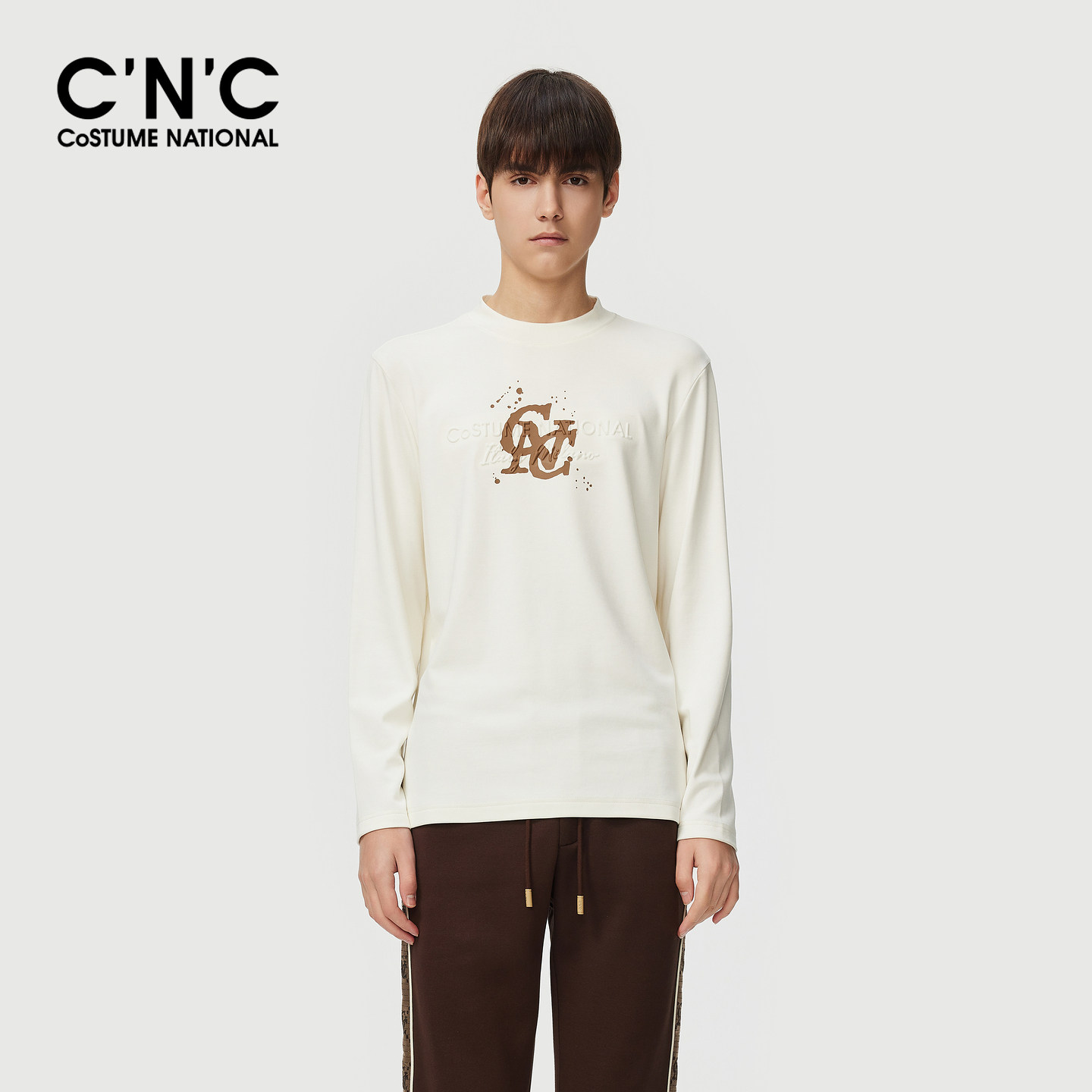 CNC男装25秋季新款logo凸印男圆领长袖T恤印花莫代尔青年打底衫