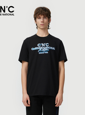 CNC男装25春夏新款黑色印花圆领短袖T恤男士宽松