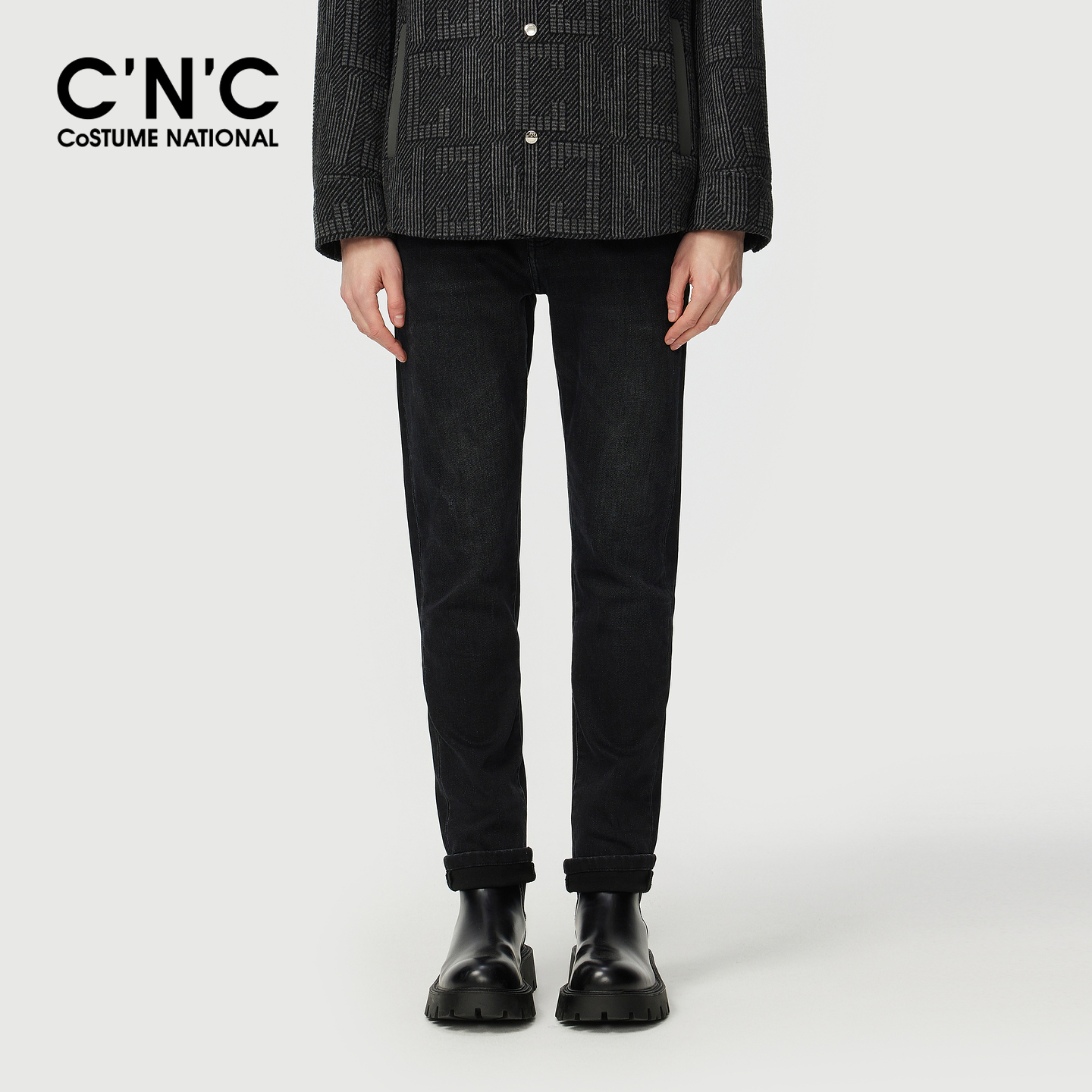 CNC男装磨毛牛仔裤25秋冬新款logo凸印黑色牛仔长裤