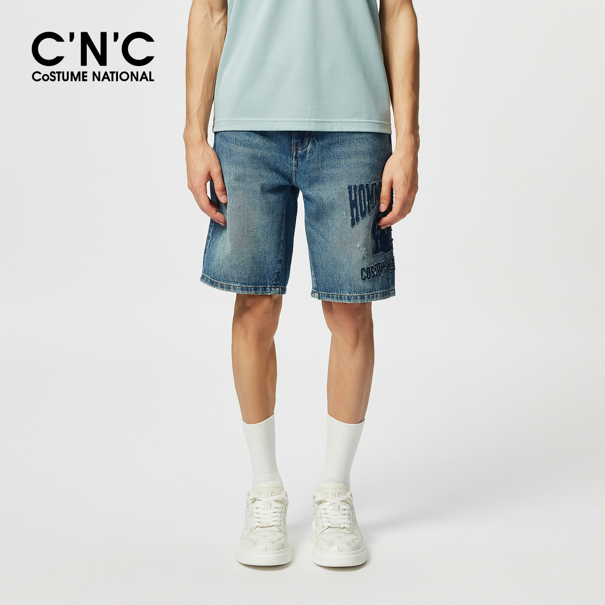 CNC男装25夏季新款贴布绣直筒水洗牛仔短裤男士
