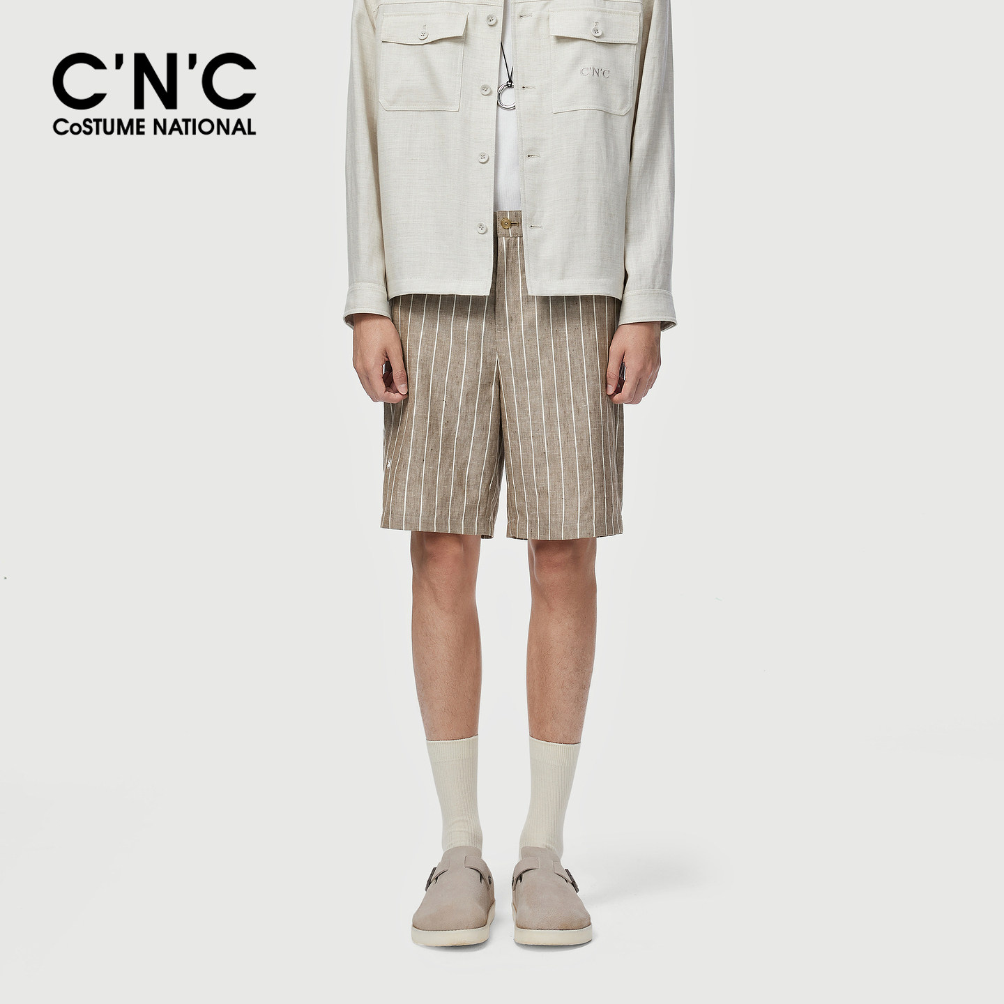 CNC男装绵羊毛亚麻混纺男士五分裤桑蚕丝薄款透气竖条纹休闲短裤