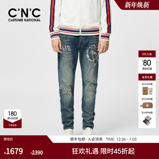 25夏季 水洗直筒牛仔长裤 新款 牛仔裤 破洞品牌logo印花男士 CNC男装