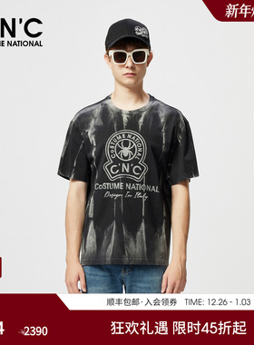 CNC男装25夏季新款黑色花版字母logo印花圆领短袖T恤男潮流宽松版