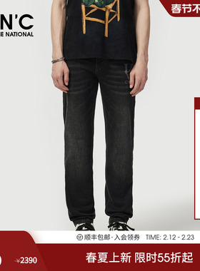CNC男装25夏季新款logo印花黑色直筒男牛仔裤潮流休闲牛仔长裤