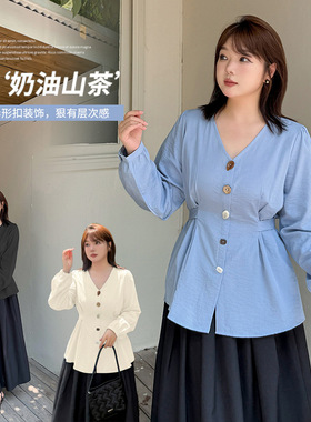 大码女装长袖衬衫秋季年新款法式漂亮小衫v领收腰上衣313118