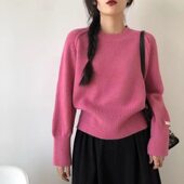 高级感秋冬百搭针织打底衫 慵懒风宽松圆领毛衣女高腰短款 上衣时尚