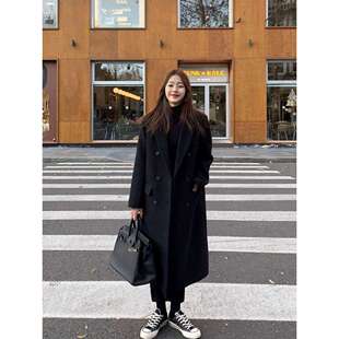 黑色毛呢外套女小个子韩系新款秋冬高级感中长款加厚西装呢子大衣