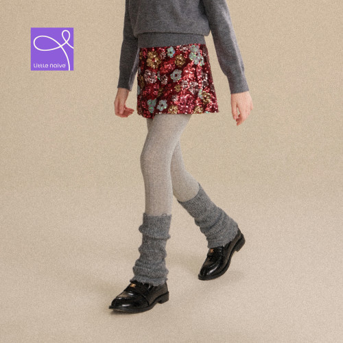 Little Naive儿童加绒半身裙秋冬新款花朵珠片短裙新款女童半裙
