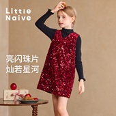 LittleNaive儿童多巴胺连衣裙秋冬新款 生日珠片裙女童公主背心裙