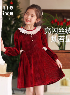 Little Naive儿童加绒连衣裙秋冬款圣诞丝绒裙女童生日礼服公主裙
