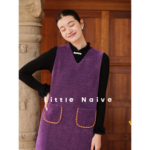 Little Naive女装灯芯绒背带裙冬季紫色夹棉裙子女气质背心裙