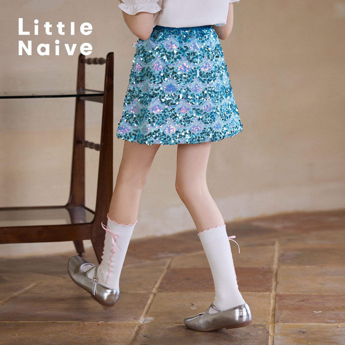 LittleNaive儿童春秋新款半裙春季裙子人鱼半裙女童亮片半身裙