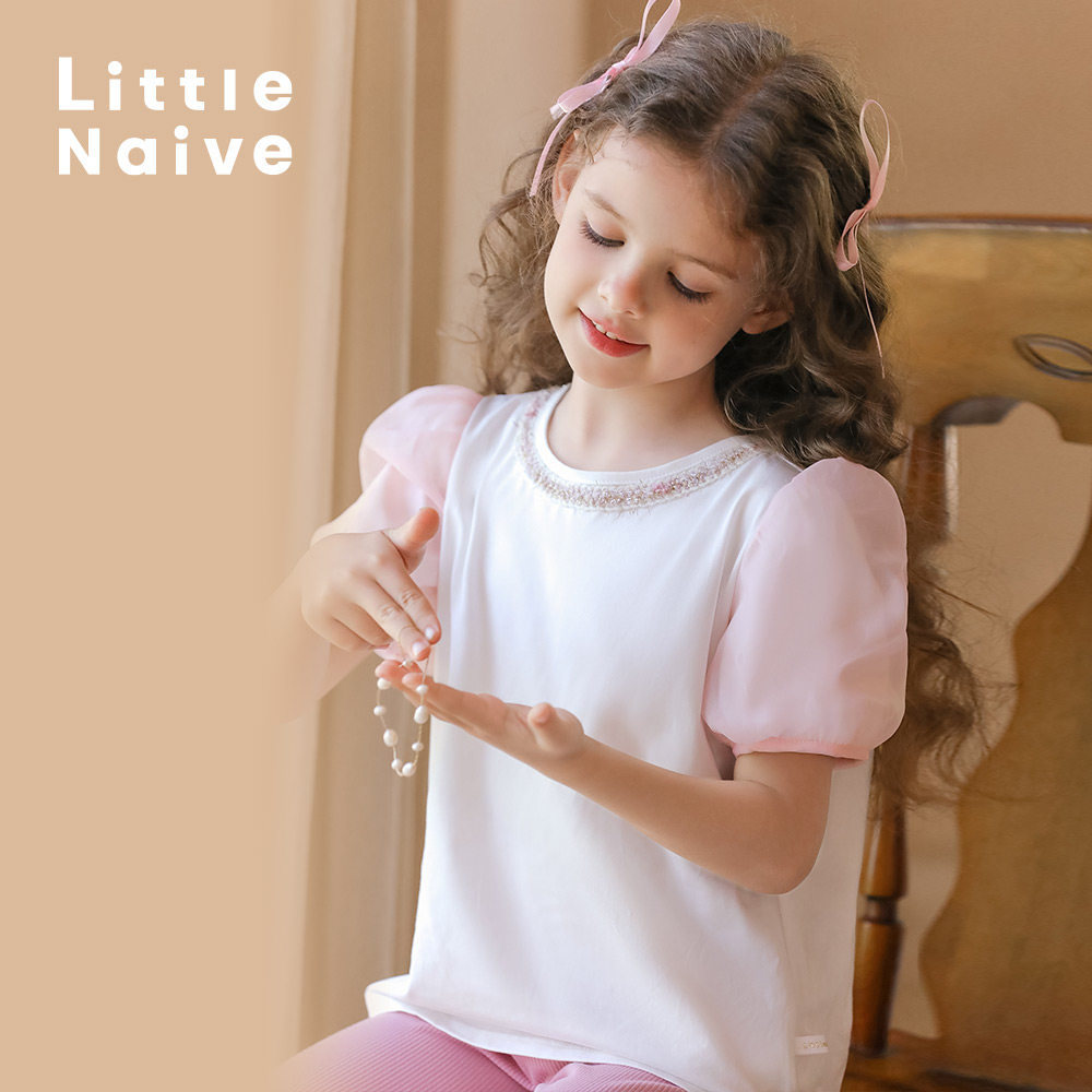 LittleNaive儿童短袖t恤夏季新款百搭泡泡袖夏装女童宽松休闲上衣,童装/婴儿装/亲子装,T恤,淘宝优惠券,粉丝福利购,淘宝优惠卷