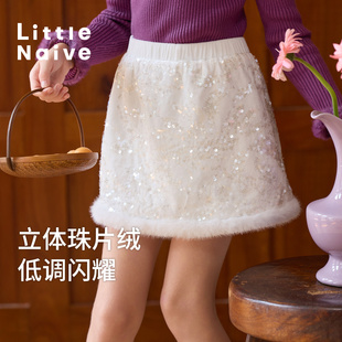 Little Naive儿童裙子亮片半裙冬季丝绒加绒半裙女童红色圣诞裙子