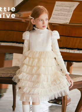 Little Naive女童春秋款蛋糕裙钢琴演出礼服儿童网纱公主裙白色