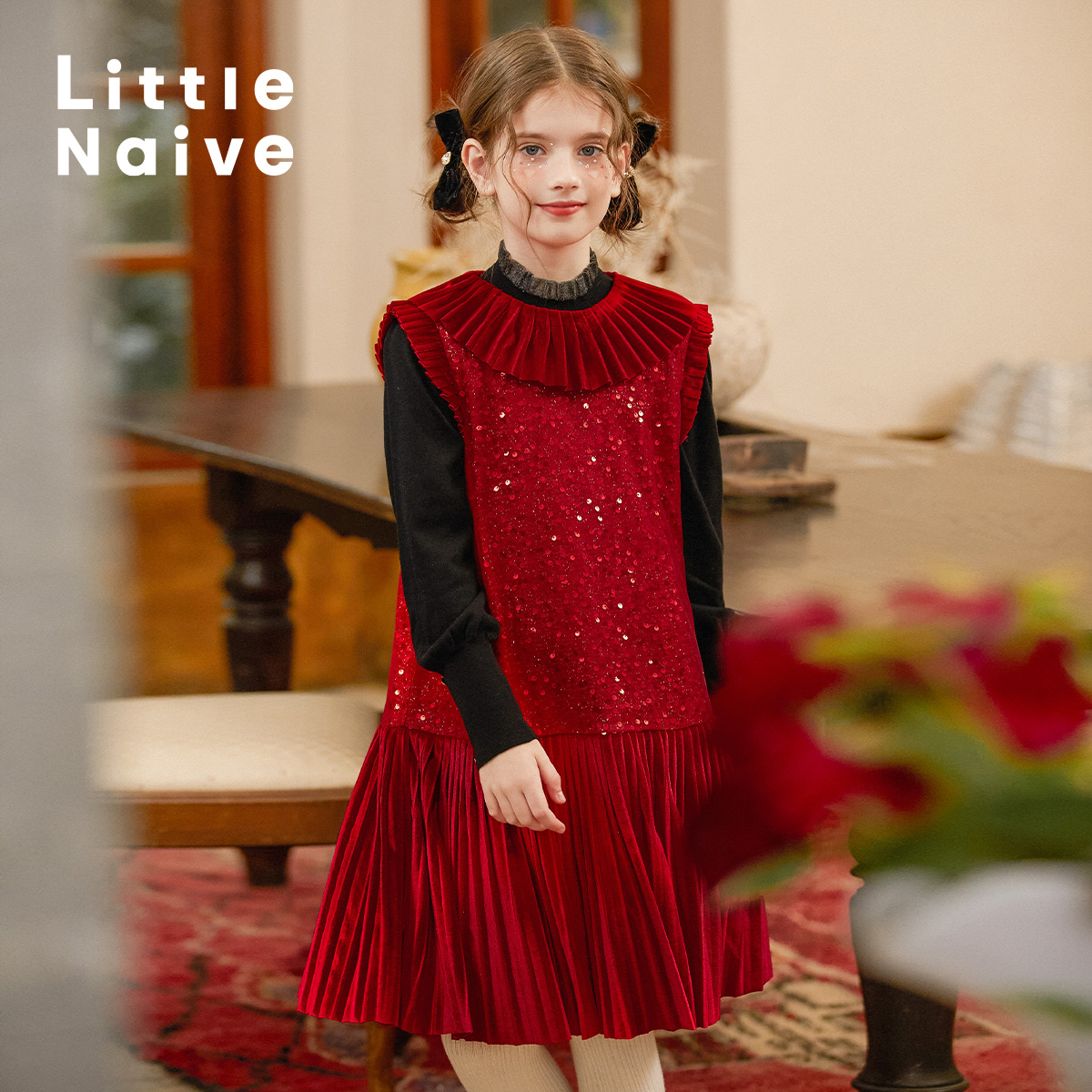 女童春秋亮片红色背心连衣裙