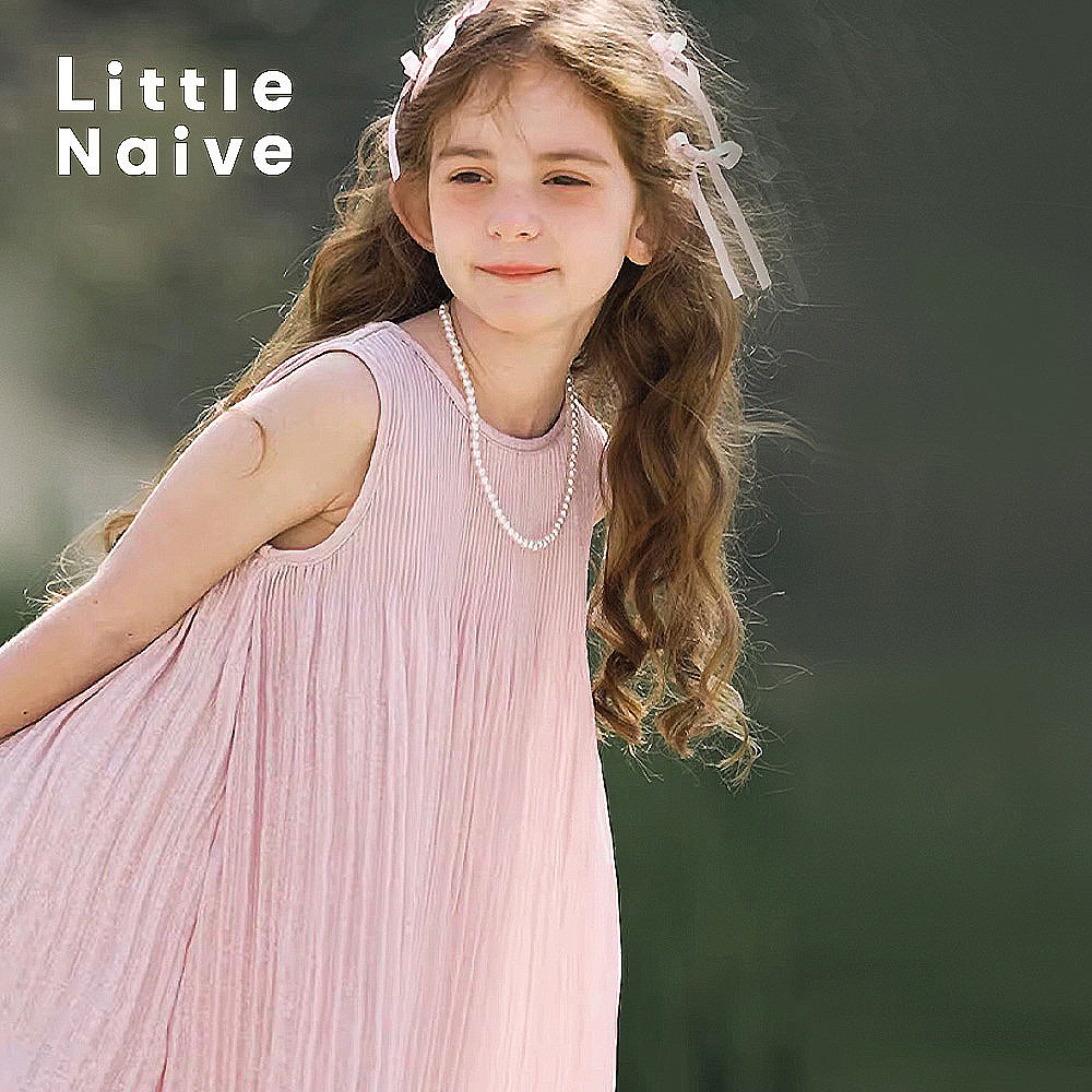 LittleNaive儿童夏季连衣裙无袖压褶粉色裙子女童闪闪高级背心裙图片