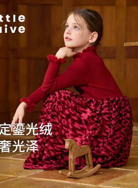 Little Naive女童针织加绒连衣裙冬新款儿童新中式红色毛衣连衣裙