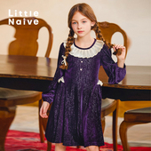 Little Naive儿童加绒连衣裙秋冬款 甜美丝绒裙女童生日礼服公主裙