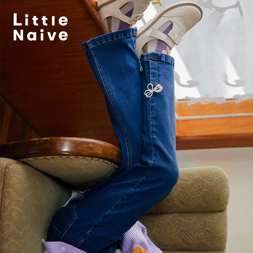 春秋款珍珠蝴蝶结喇叭女童牛仔裤