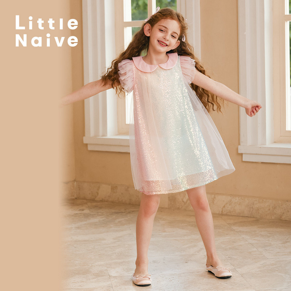 Little Naive礼服儿童连衣裙夏款飞袖渐变珠片女童娃娃领公主裙