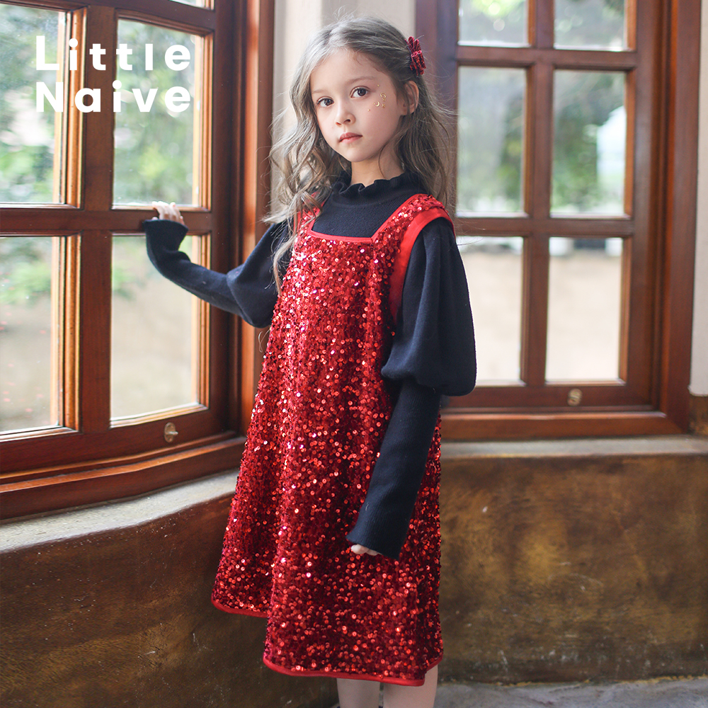 女童红色丝绒珠片背心裙