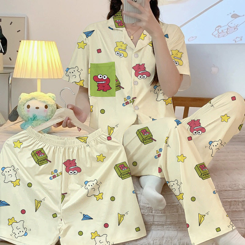 蜡笔小新睡衣女春秋季短袖纯棉薄款套装可爱卡通家居服三件套装