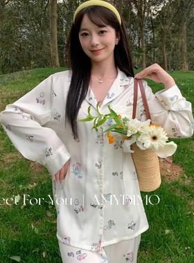 2024韩版缎面卡通印花睡衣长袖长裤家居服套装SinGlee甜美设计感