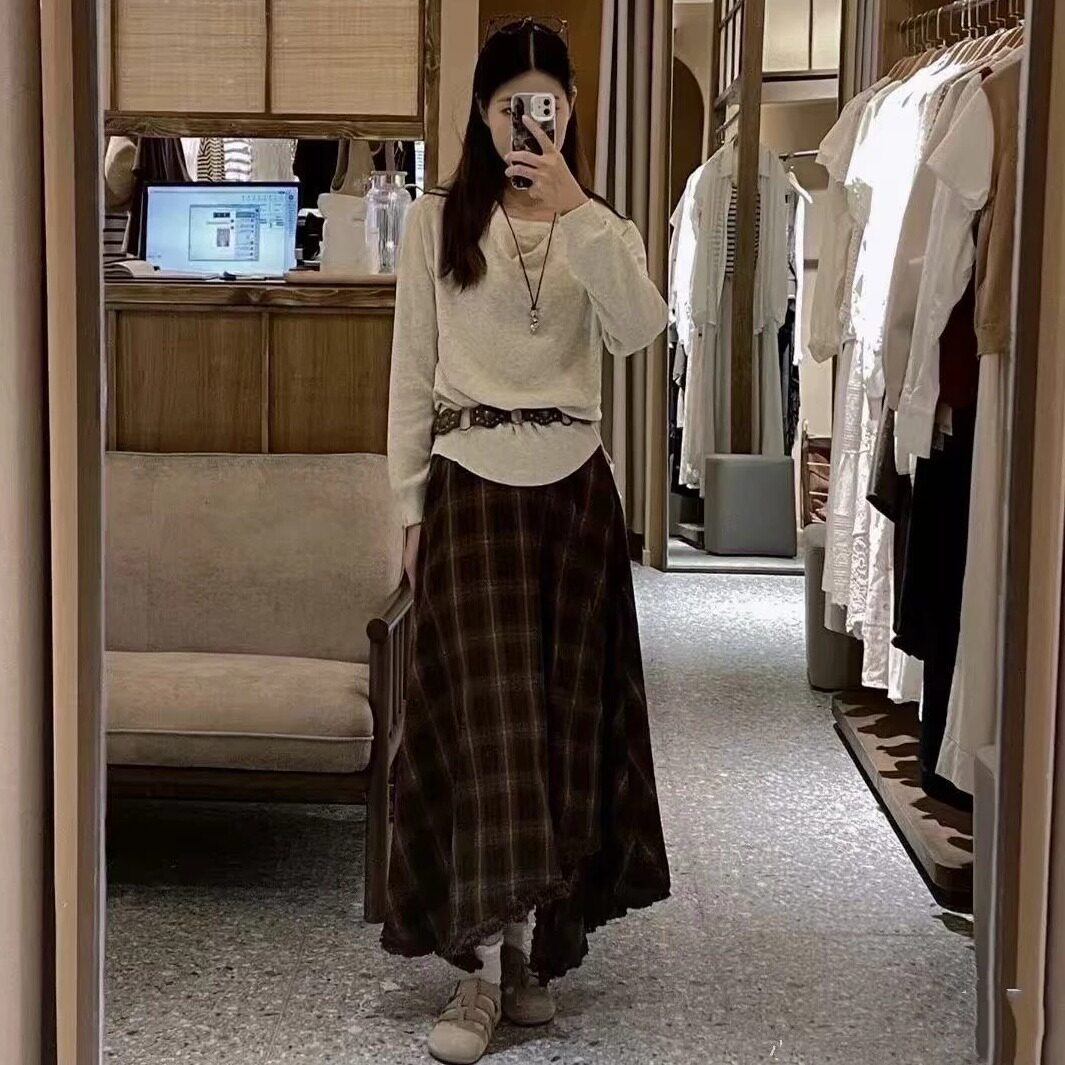 木家正品26夏秋季新品时尚百搭针织衫上衣格纹半身裙两件套套装女