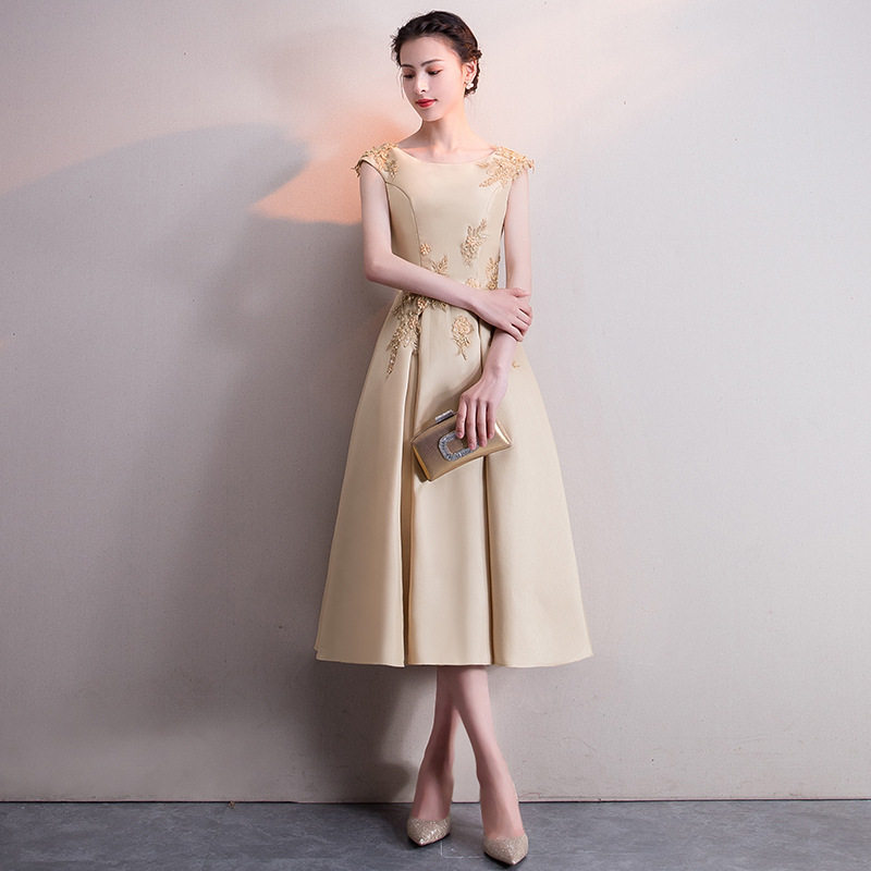 宴会晚礼服2019新款韩版金色中长款修身毕业派对伴娘礼服裙女春季