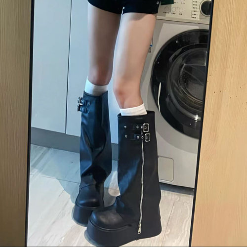裤管靴子女胖mm粗腿大筒围夏季厚底增高西部长靴小个子长筒堆堆靴
