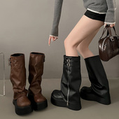 大头裤 管靴女甜酷风堆堆靴厚底松糕西部靴不过膝长靴高筒骑士靴子